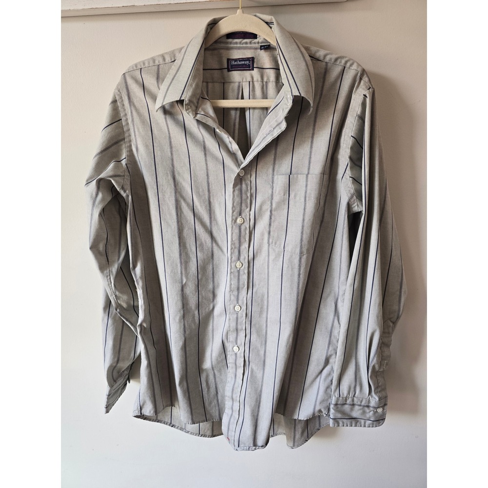 Hathaway Mens Pima Pin Point Oxford Shirt Grey Navy Stripe 16-34 Made in USA